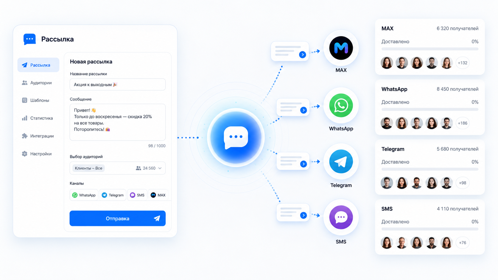 Главный экран Sender: массовая рассылка в WhatsApp, Telegram, MAX и SMS
